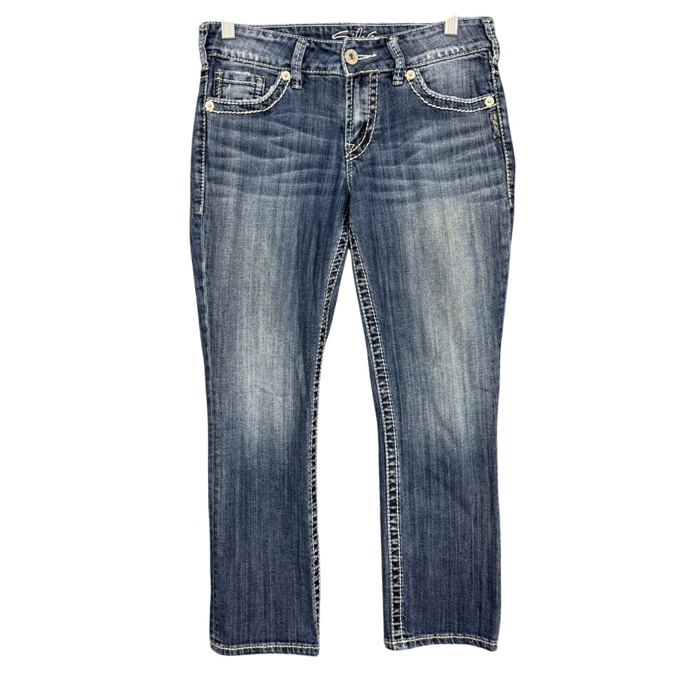Silver Jeans Womens 27 Blue Suki Capri Cropped Medium Wash Embroidered Pockets‎